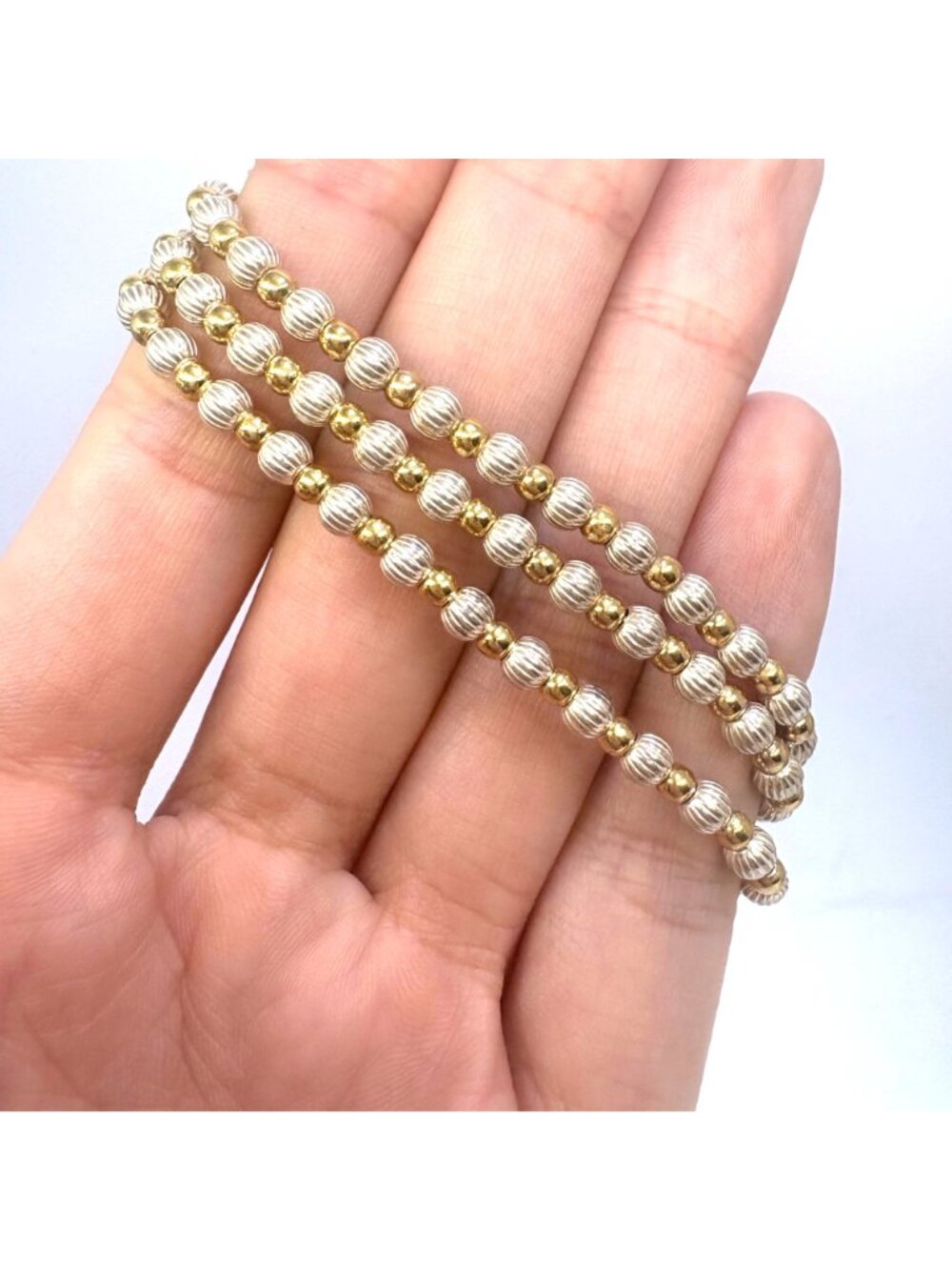 Beaded Chain Necklace Two Tone Sterling Silver 925 Size 20" Length - Picture 2 of 10